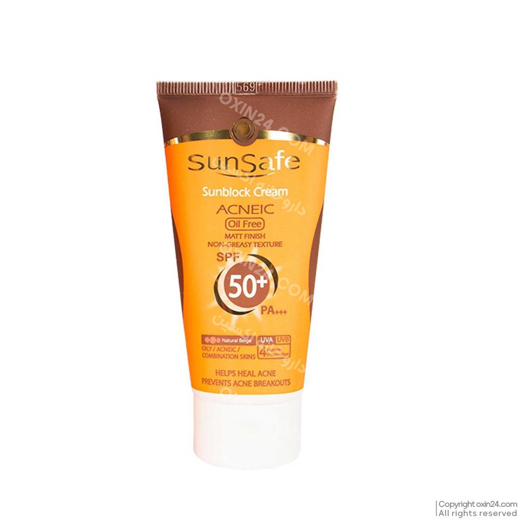 کرم ضد آفتاب بژ طبیعی فاقد چربی آنتی آکنه SPF50 سان سیف مناسب پوست چرب 50 گرم